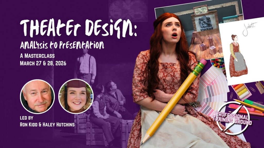 a drawing of a woman in a red dress next to an actor wearing that same red dress. a model set is seen superimposed on top of the full size set.